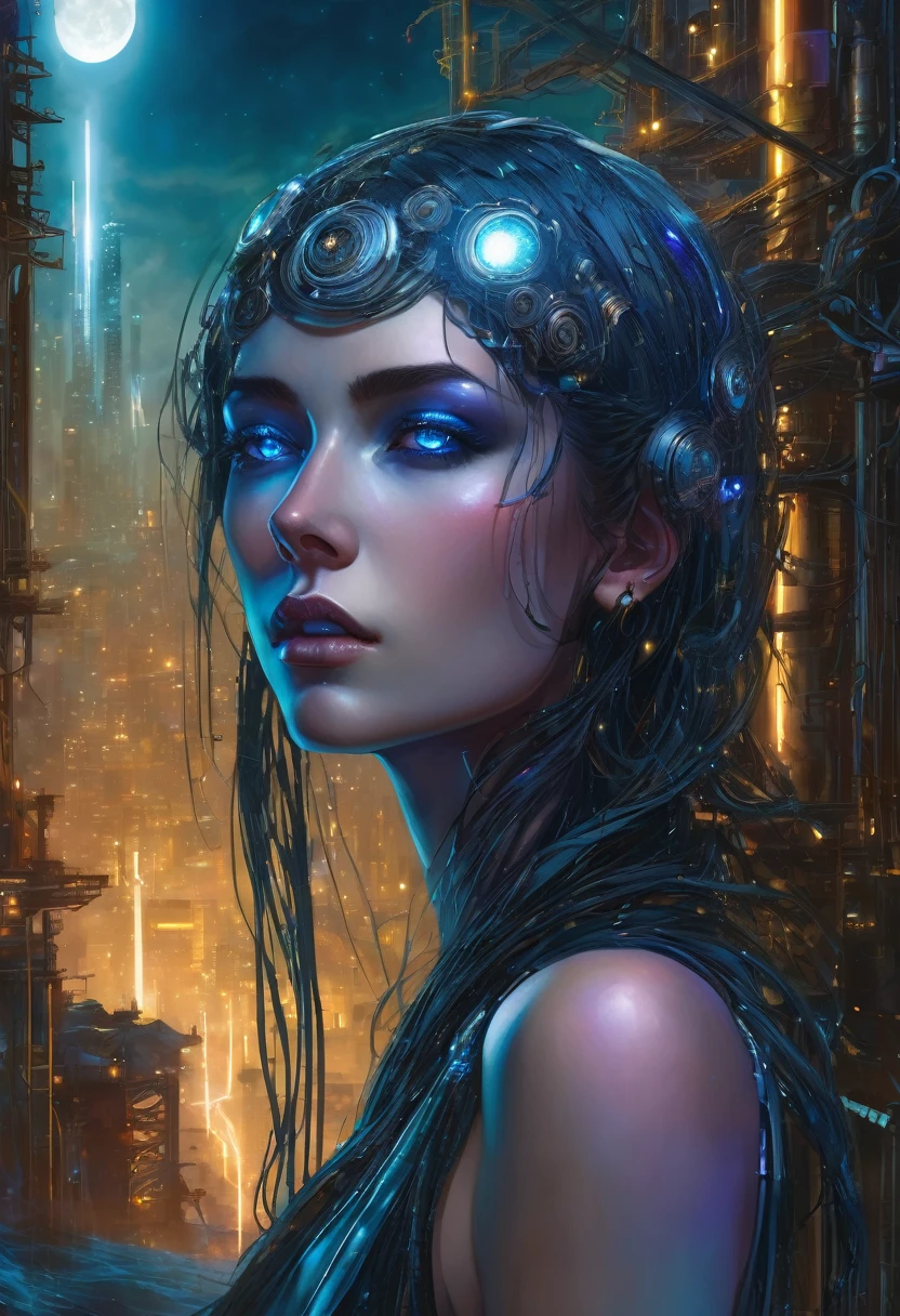 Ethereal female entity, bottomless blue eyes, youthful waterfall hair cascading and veiling her face, collarbone glistening under moonlight, Digital painting captures interplay of Art Nouveau and punk aesthetics within her being, contrasted against sprawling backdrop of cyber and atmospheric industrial textures, distilled mourning of a divine spirit, gripping, cyberpunk elements, atmospheric contrasts, detailed hairstyle, Lunar luminesc