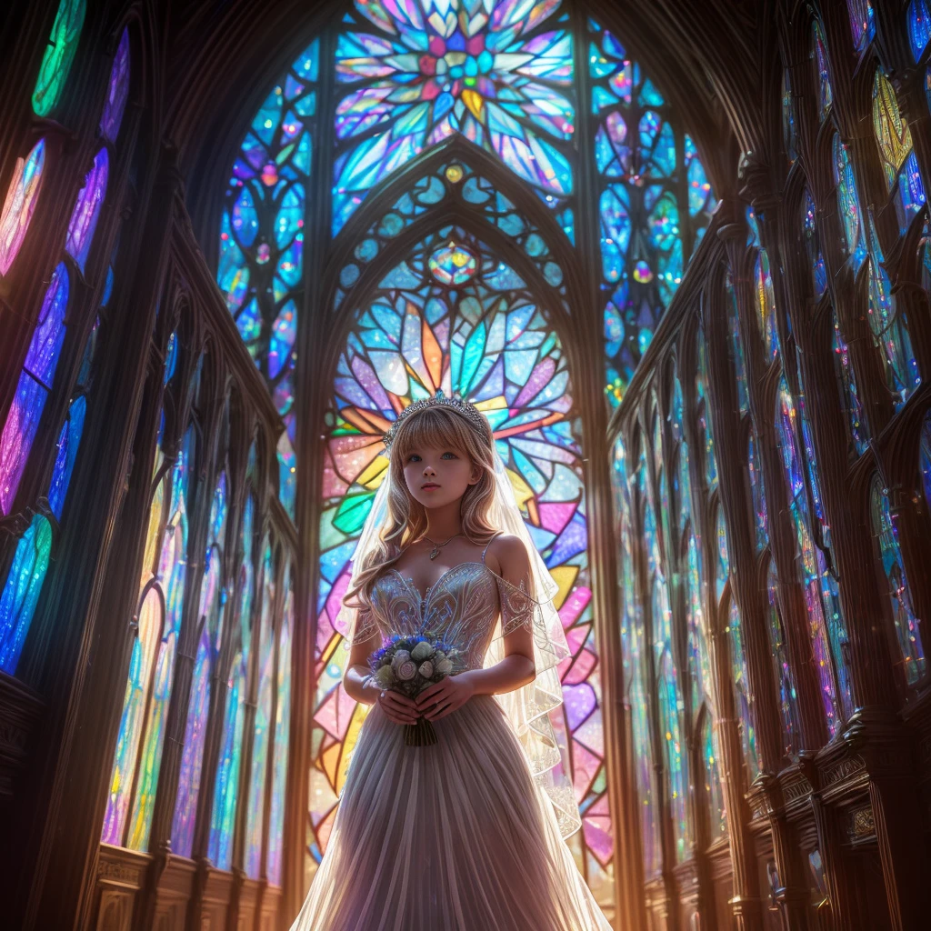  (Cathedral from below:1.28) (ZoomLayer) TopQuality 8K masterpiece of ((Professional photo)), (((Clarisse de Cagliostro))) (Detailed White WeddingDresses), Chain, (((Extremely detailed KAWAII face))) {((VeiledFace))|BlondeHair|(Elaborate BuleEyes)with(SparklingHighlights:1.28)}, The background is distant (((Elaborate stained glass))) Rainbow Glass, {(MysticSight)|EnchantingAtmosphere|Haze|(GodRays)|TyndallEffect}, Radiant PearlSkin with Transparency, (Exposed:0.39)