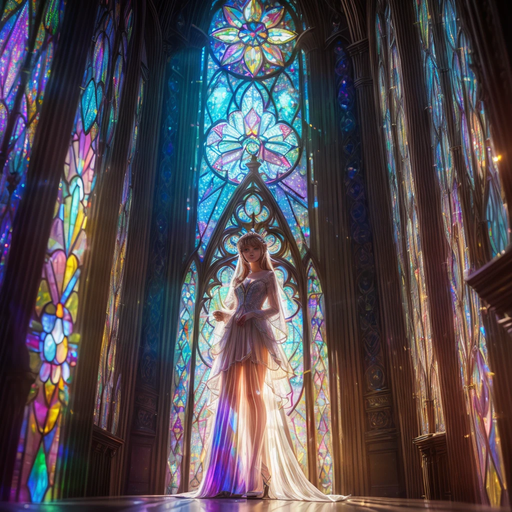  (Cathedral from below:1.28) (ZoomLayer) TopQuality 8K masterpiece of ((Professional photo)), (((Clarisse de Cagliostro))) (Detailed White WeddingDresses), Chain, (((Extremely detailed KAWAII face))) {((VeiledFace))|BlondeHair|(Elaborate BuleEyes)with(SparklingHighlights:1.28)}, The background is distant (((Elaborate stained glass))) Rainbow Glass, {(MysticSight)|EnchantingAtmosphere|Haze|(GodRays)|TyndallEffect}, Radiant PearlSkin with Transparency, (Exposed:0.39)