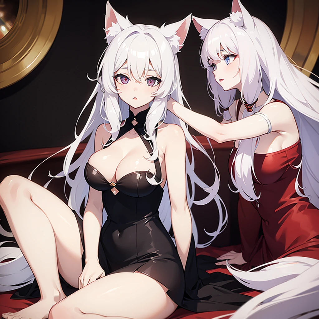 Woman with white curly hair, with feline ears, pale skin, reddish eyes, anime style 