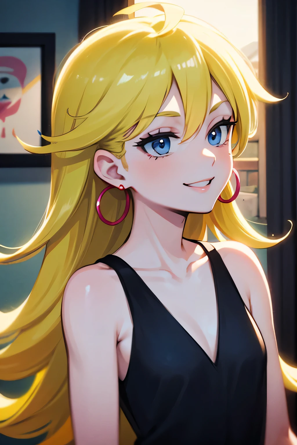 masterpiece, best quality, solo, 1 girl, psgpanty, black dress, blue eyes, long hair, blonde hair, hoop earrings, upper body, collarbone, little sleeveless black dress, parody, indoors, smile