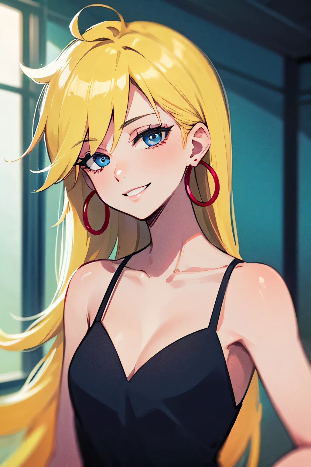 masterpiece, best quality, solo, 1 girl, psgpanty, black dress, blue eyes, long hair, blonde hair, hoop earrings, upper body, collarbone, little sleeveless black dress, parody, indoors, smile
