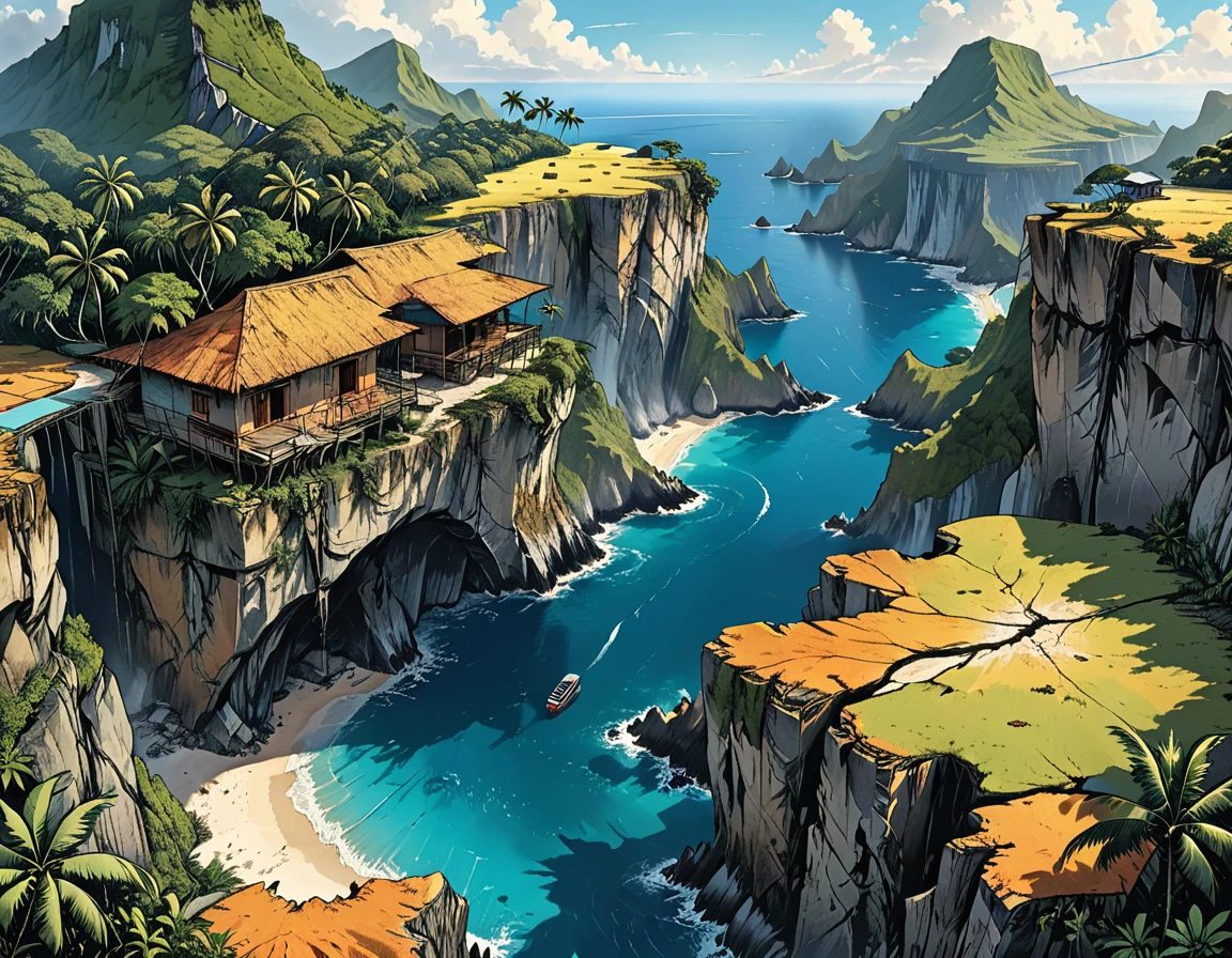 view from an airplane, splitting of the earth, earthquake, huge deep dark crack in the middle of a tropical island, tropics, island, ocean, deep and narrow canyon,graphic style of novel comics, 2d, 8k, hyperrealism, masterpiece, high resolution, best quality, ultra-detailed, super realistic, Hyperrealistic art, high-quality, ultra high res, highest detailed, lot of details, Extremely high-resolution details, incredibly lifelike, colourful, soft cinematic light,