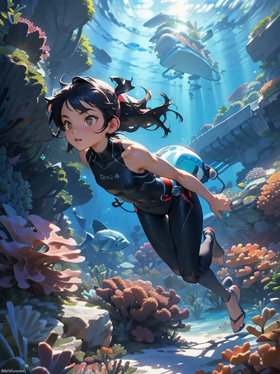 (masterpiece、highest quality、highest quality、Official Art、Beautiful and beautiful:1.2)、(One Girl:1.3)Hatsune Miku、Twin tails,Big Breasts,Impressive art style,Highly realistic representation,Ultra-fine detail,Dazzling colors,Unique viewing angle,Realistic underwater scenes,Soft water light effect,Real Back,Active behavior,Character details are laid out,Cute 5 year old girl,Deep Sea Reversal,Brown Hair,Protective goggles,Wetsuits,Diving Gloves,diving shoes。