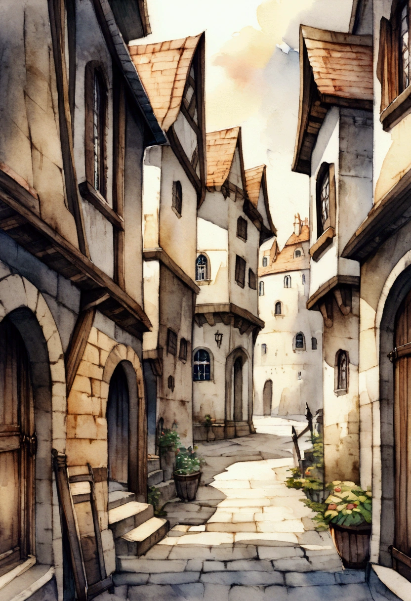 Medieval streets shrouded in darkness Dark fantasy Picture books watercolor