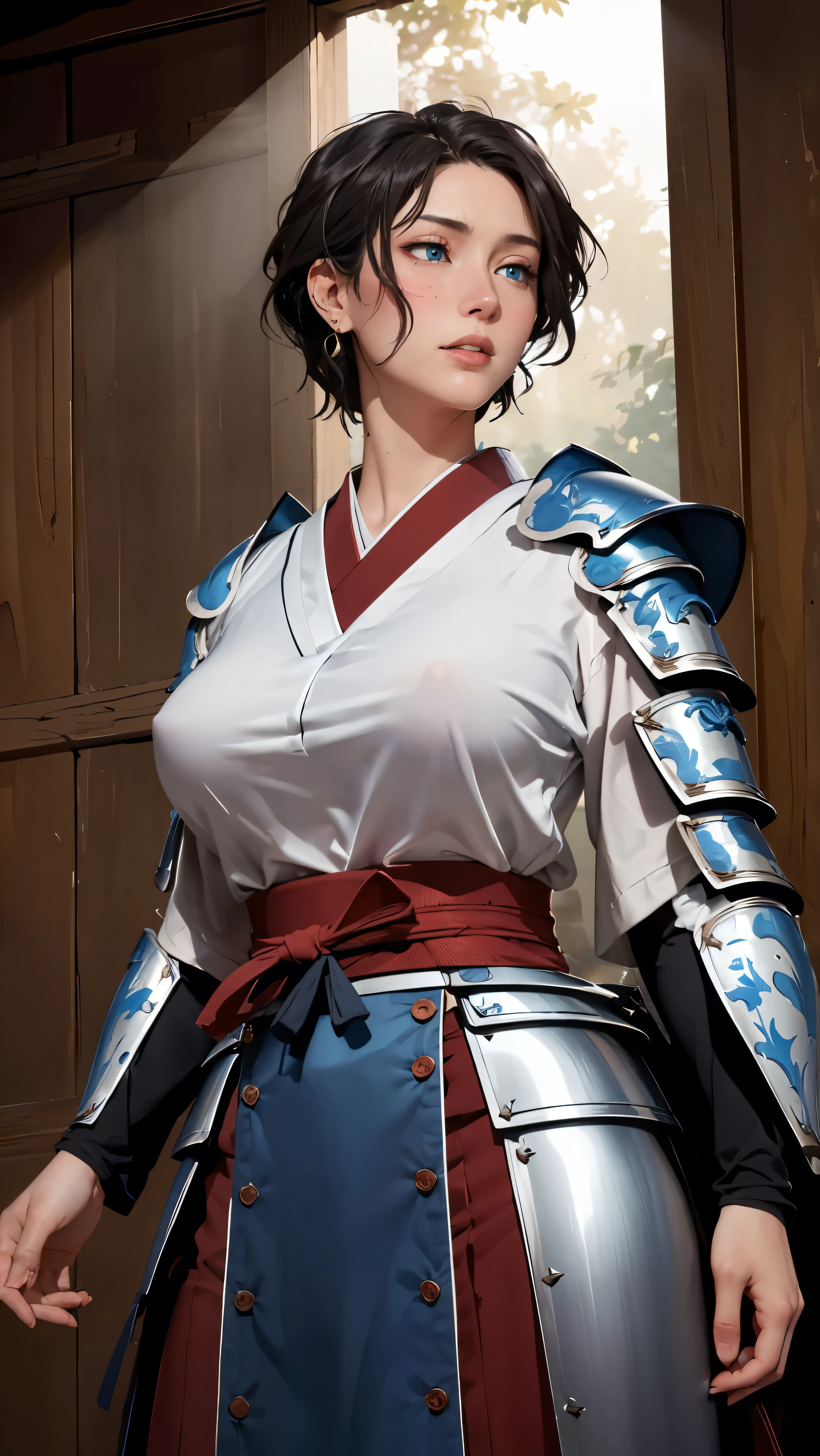 ((((masterpiece, best quality, high resolution)))), Extremely detailed 8K, Beautiful girl with voluptuous body, (Ultra HD, Ultra-detailed, Highly detailed, Highly realistic, Ultra-realistic, photograph realistic), (1girl:1.5), (Realistic black hair), (short wavy hair, earrings), (dynamic poses), facing at camera, looking at viewer, (blushing red, embarrassed), (blue eyes, sharp eyes), (perky breasts:1.2), (beautiful detailed face, beautiful detailed eyes), ((samurai metal armor, breasts plate)), (standing up), sweat, glow, (sunbeam, sunlight), ((cowboy shot)), inside dungeon, seductive