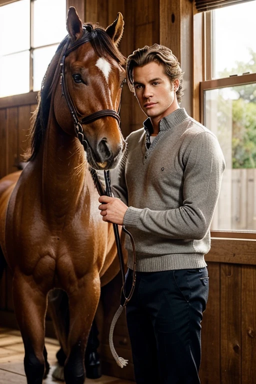 Generate an image of Alexander Darcy grooming his horse. Alexander is a tall, lean man with a muscular build, standing at 6'2". He has piercing blue eyes, neatly styled blonde hair, and a chiseled face with high cheekbones. He is dressed in casual yet refined attire: fitted chinos, a cashmere sweater, and stylish loafers. He stands beside a majestic horse with a shiny coat, gently brushing its mane. The setting is a well-kept stable, with wooden stalls and natural light filtering through the windows.