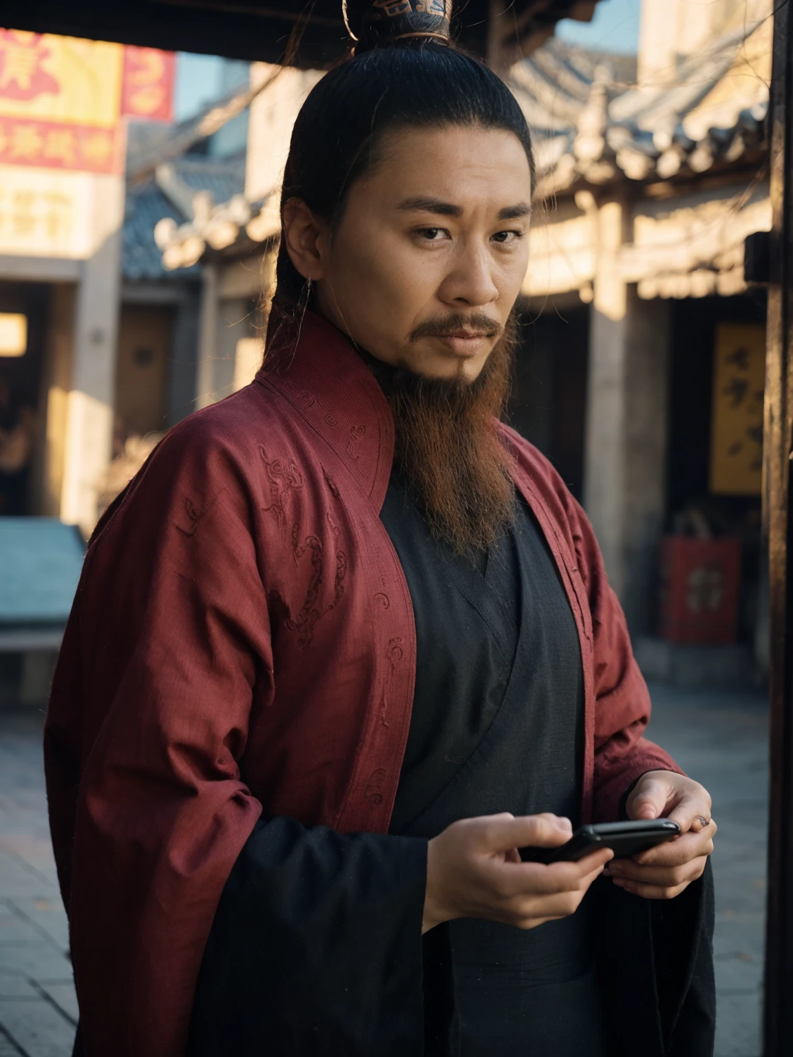 oriental-like、a adult man wearing ancient Chinese armor、Yuanyou Guan (Yuanyouguan), ancient chinese hairstyle、 (((holding the phone and show the screen to the viewer))), three kingdoms、top-quality、​masterpiece、超A high resolution、(Photorealsitic:1.4)、Game Posters、Black clothes、long beard, inspired by caocao
