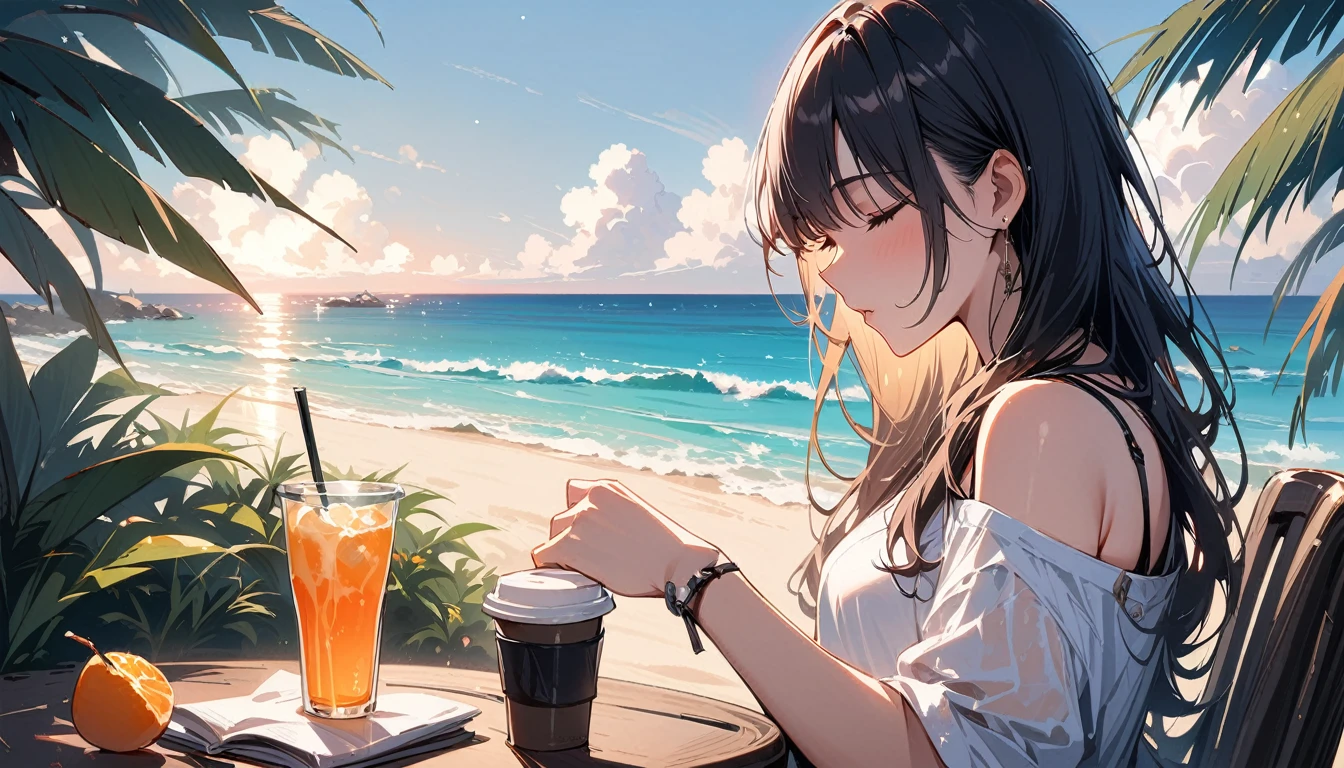 (masterpiece, Highest quality:1.2), 1 girl, alone,Open your eyes,Drink coffee,Tropical atmosphere,Ocean