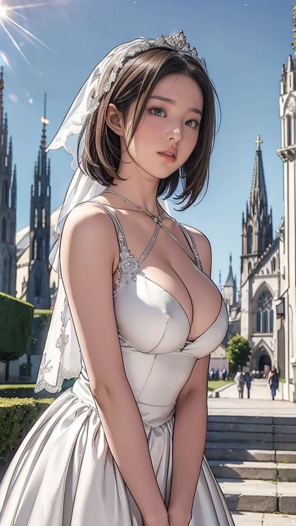 (Moon shot), best quality, masterpiece, 1 girl, laughter, Cute agers, Glossy lips, Sweet, Blinding sunlight, Conservative clothing, High neck wedding dress, Bridal headdress, Depth of writing boundaries, Blurred background, With the cathedral as a backdrop, Light Particles, gale, Head tilt, Long hair, , (((15-yort Bob, Large Breasts)))