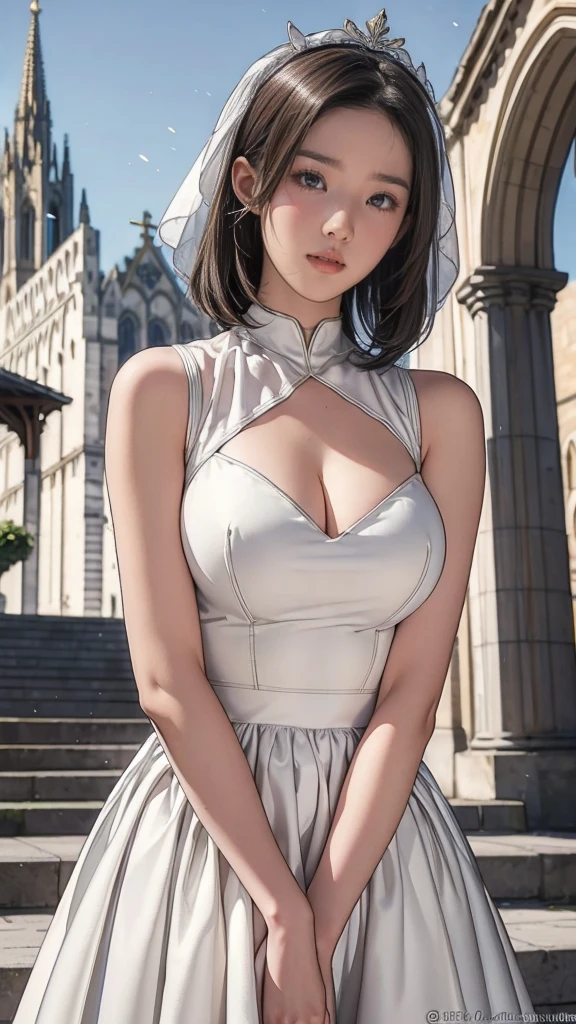 (Moon shot), best quality, masterpiece, 1 girl, laughter, Cute agers, Glossy lips, Sweet, Blinding sunlight, Conservative clothing, High neck wedding dress, Bridal headdress, Depth of writing boundaries, Blurred background, With the cathedral as a backdrop, Light Particles, gale, Head tilt, Long hair, , (((15-yort Bob, Large Breasts)))