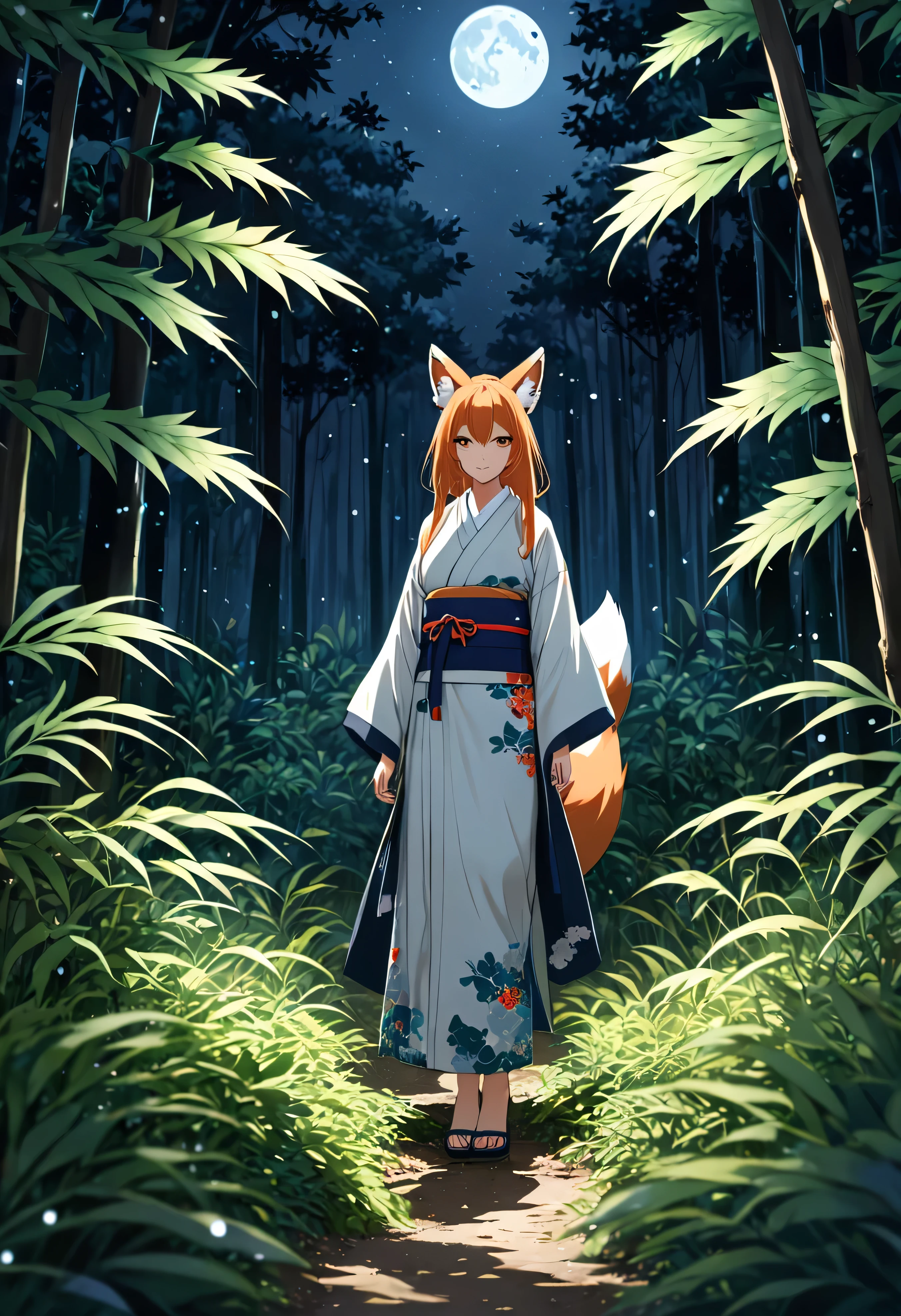 Masterpiece, Extremely detailed, close distance shot, (A beautiful kitsune woman peering through the leaves in a dense forest), facing viewer, dynamic pose , fox ears, nine fox tails, traditional Japanese clothing. Japanese sandels, vegetation in the for ground, water droplets on leaves, subject partially obscured by vegetation, moonlit night