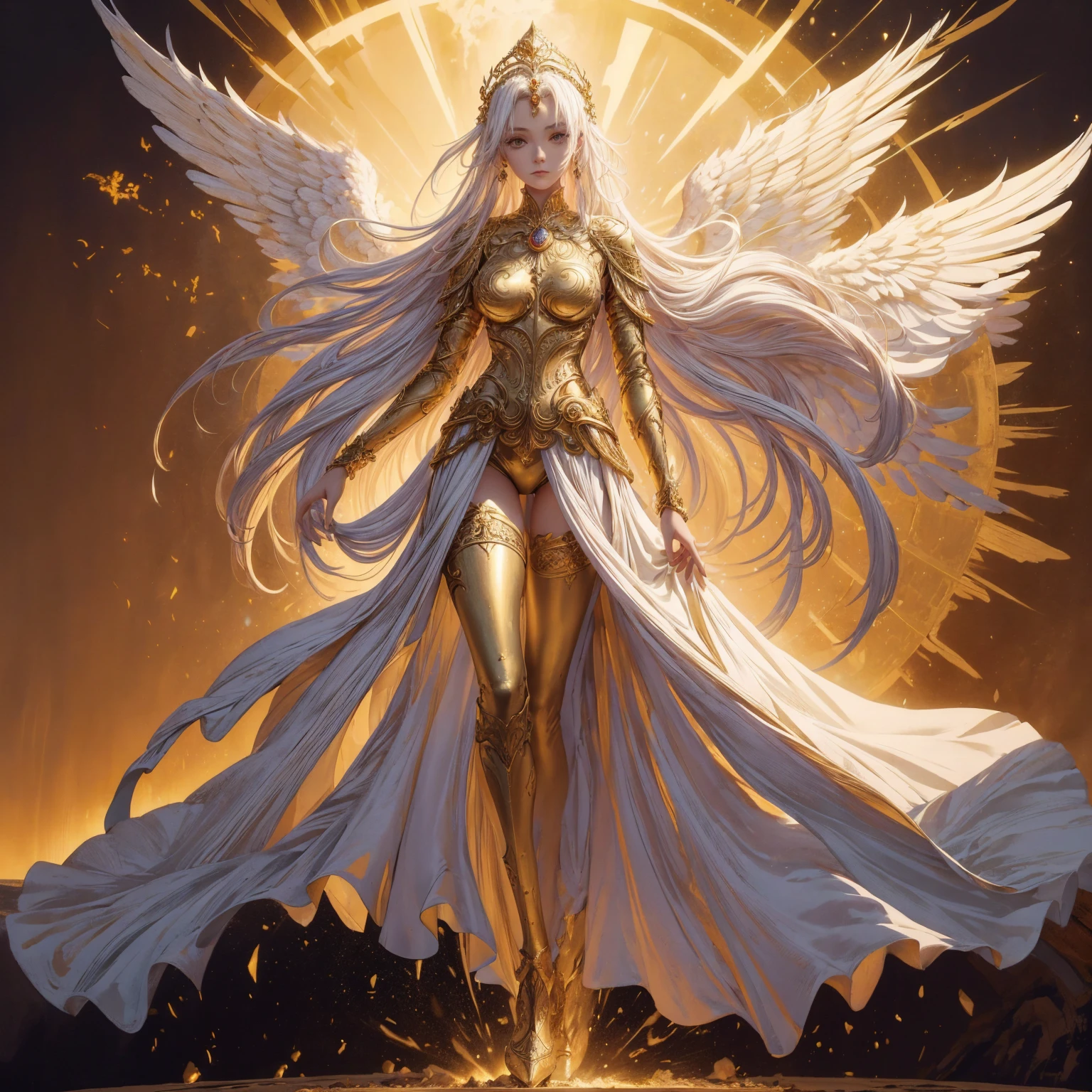 Art of Woman Wearing Sun Crown, Wearing a gorgeous golden breastplate that exposes a small amount of skin above the chest, Wearing a gorgeous golden dress, A pair of giant angel wings taller than the body spread out behind the woman., ancient goddess art, Sacredness. Very detailed, Mysterious inspiration, Inspiration from the Sun God, Religious inspiration, A divine background, Cold and snobbish face, Dangerous expressions, White hair, Standing pose floating in the air, One of the hands holds a brilliant sphere as bright as the sun., Full body portrait, Gothic art style, Weird art style, Occult art