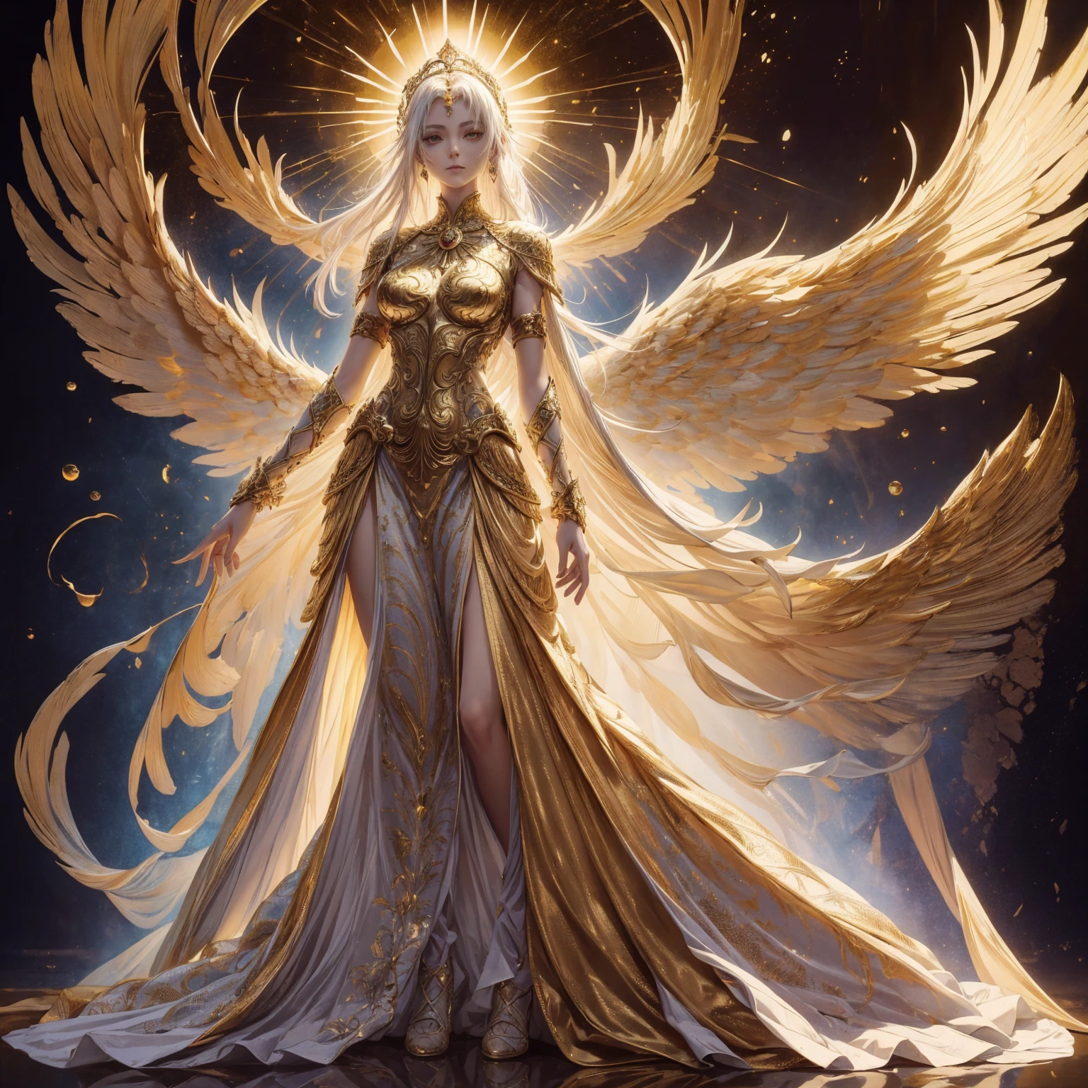 Art of Woman Wearing Sun Crown, Wearing a gorgeous golden breastplate that exposes a small amount of skin above the chest, Wearing a gorgeous golden dress, A pair of giant angel wings taller than the body spread out behind the woman., ancient goddess art, Sacredness. Very detailed, Mysterious inspiration, Inspiration from the Sun God, Religious inspiration, A divine background, Cold and snobbish face, Dangerous expressions, White hair, Standing pose floating in the air, One of the hands holds a brilliant sphere as bright as the sun., Full body portrait, Gothic art style, Weird art style, Occult art