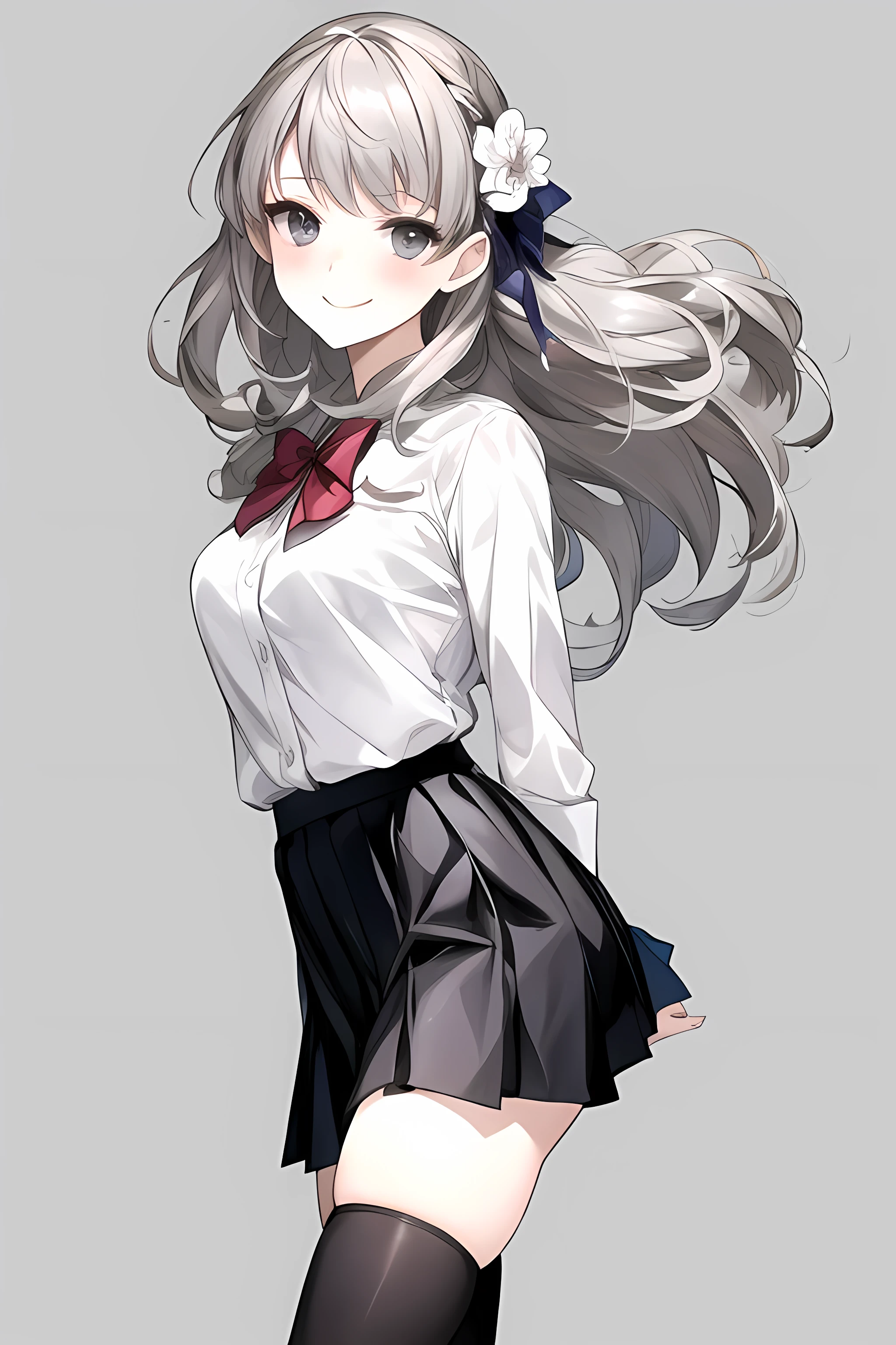 masterpiece, best quality,fuyusaka iori 1, 1girl, solo, hair flower, white shirt, short skirt, black skirt, pleated skirt, hair ornament, flower, long hair, full body, socks, gray hair, white flower, gray eyes, looking at viewer, white background, middle breast, smile, shameful face, slander, standing, loafers, cowboy shot, perpect arms, adult, ecstasy face, beautiful legs,