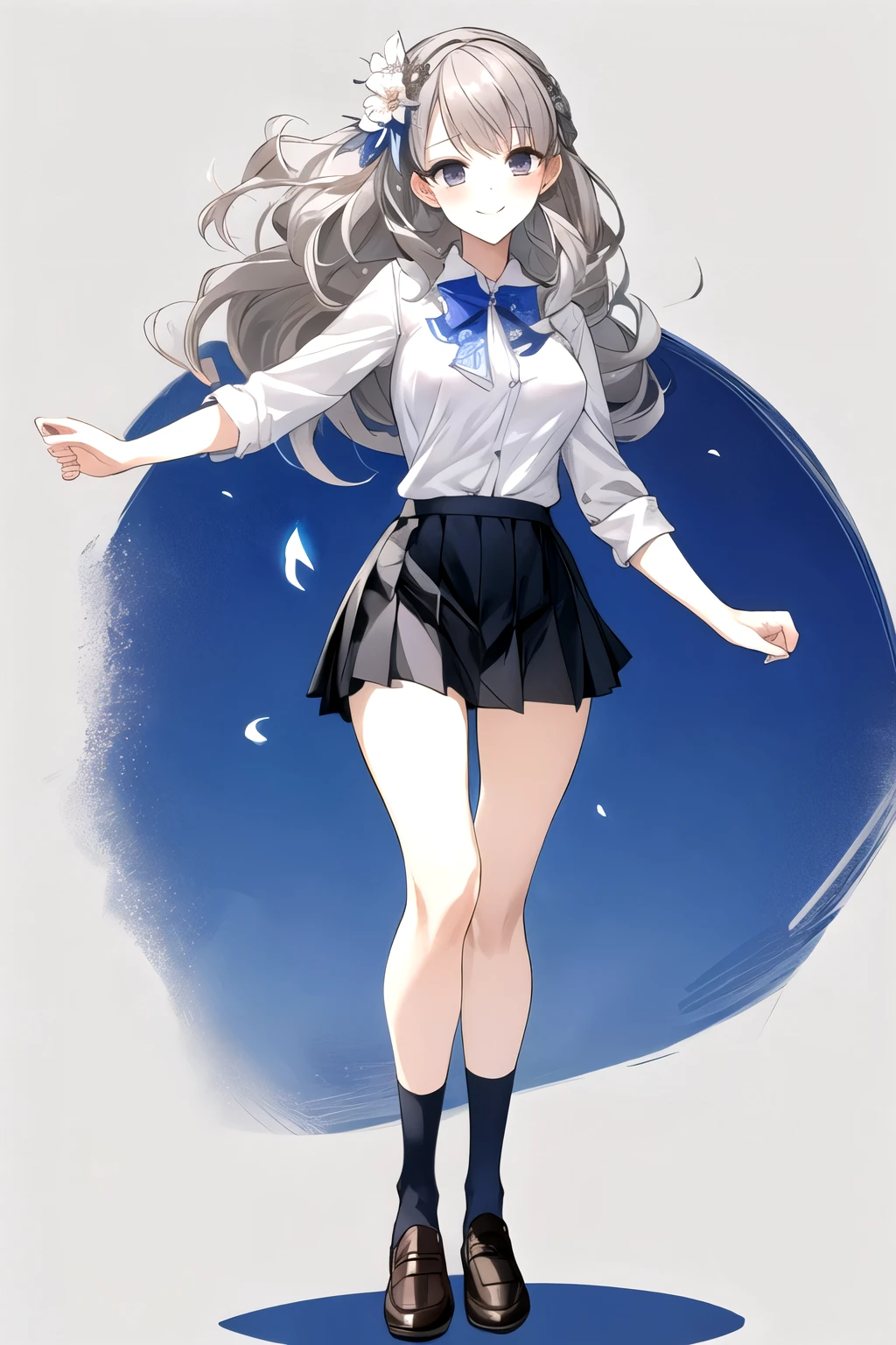 masterpiece, best quality,fuyusaka iori 1, 1girl, solo, hair flower, white shirt, short skirt, black skirt, pleated skirt, hair ornament, flower, long hair, full body, socks, gray hair, white flower, gray eyes, looking at viewer, white background, middle breast, smile, shameful face, slander, standing, loafers, cowboy shot, perpect arms, adult, ecstasy face, beautiful legs,