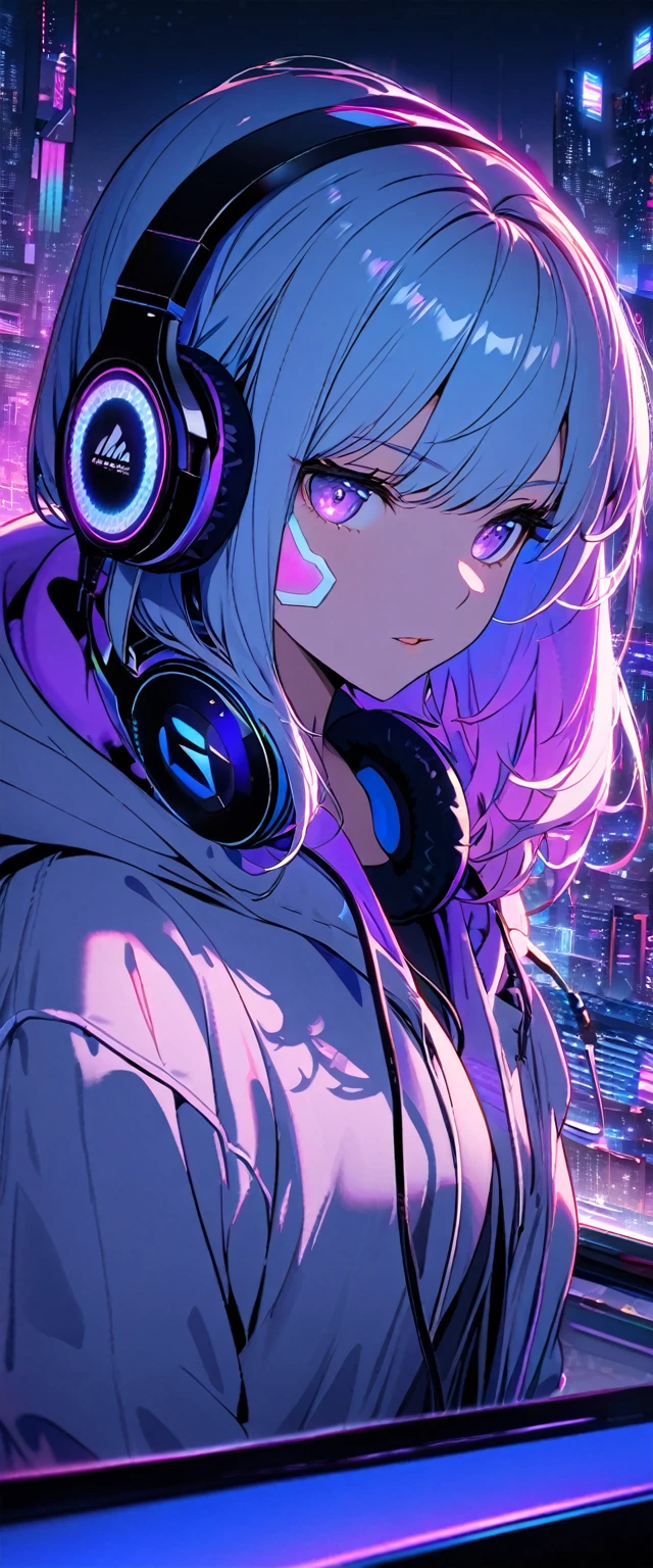 Super detailed,1 girl, alone, hoodie, Facial Contour, headphone, RGB lighting headphones, headphones with Purple lighting, headphone with cable, Purple lighting, city, night city,Blue Hair, Pink Hair