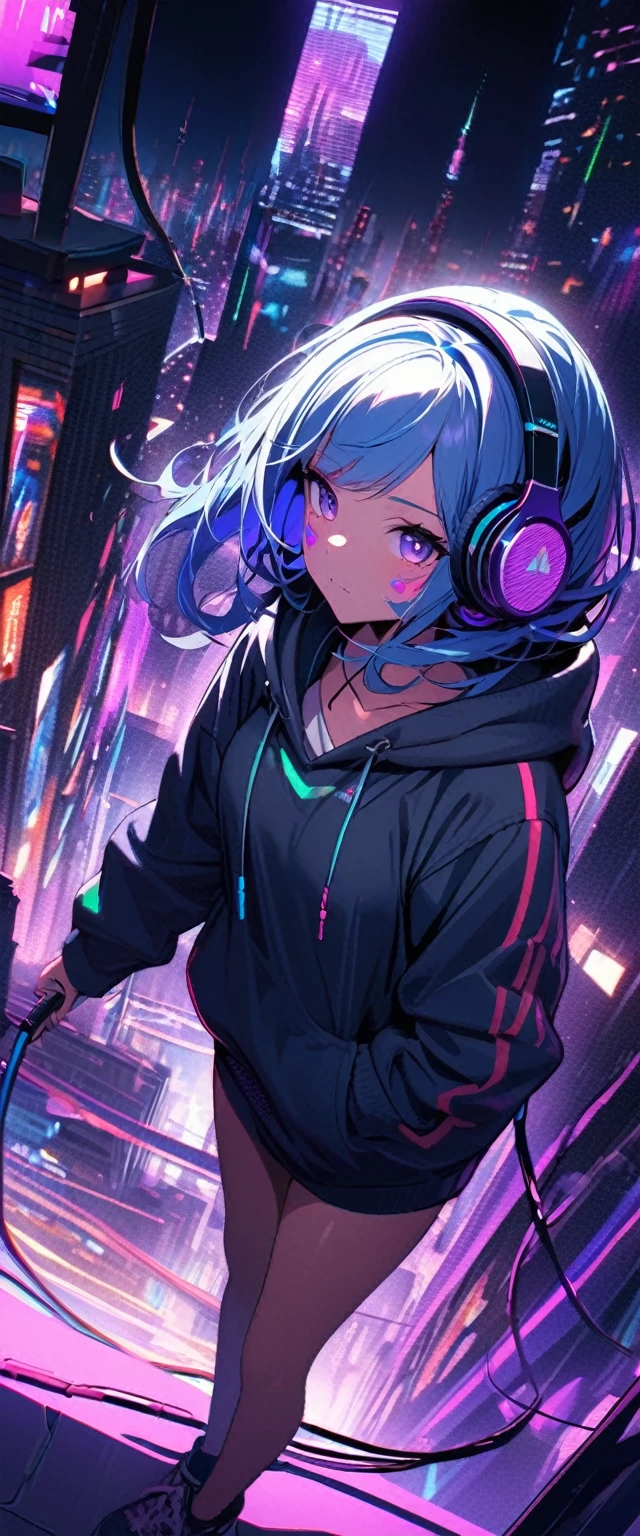 Super detailed,1 girl, alone, hoodie, Facial Contour, headphone, RGB lighting headphones, headphones with Purple lighting, headphone with cable, Purple lighting, city, night city,Blue Hair, Pink Hair