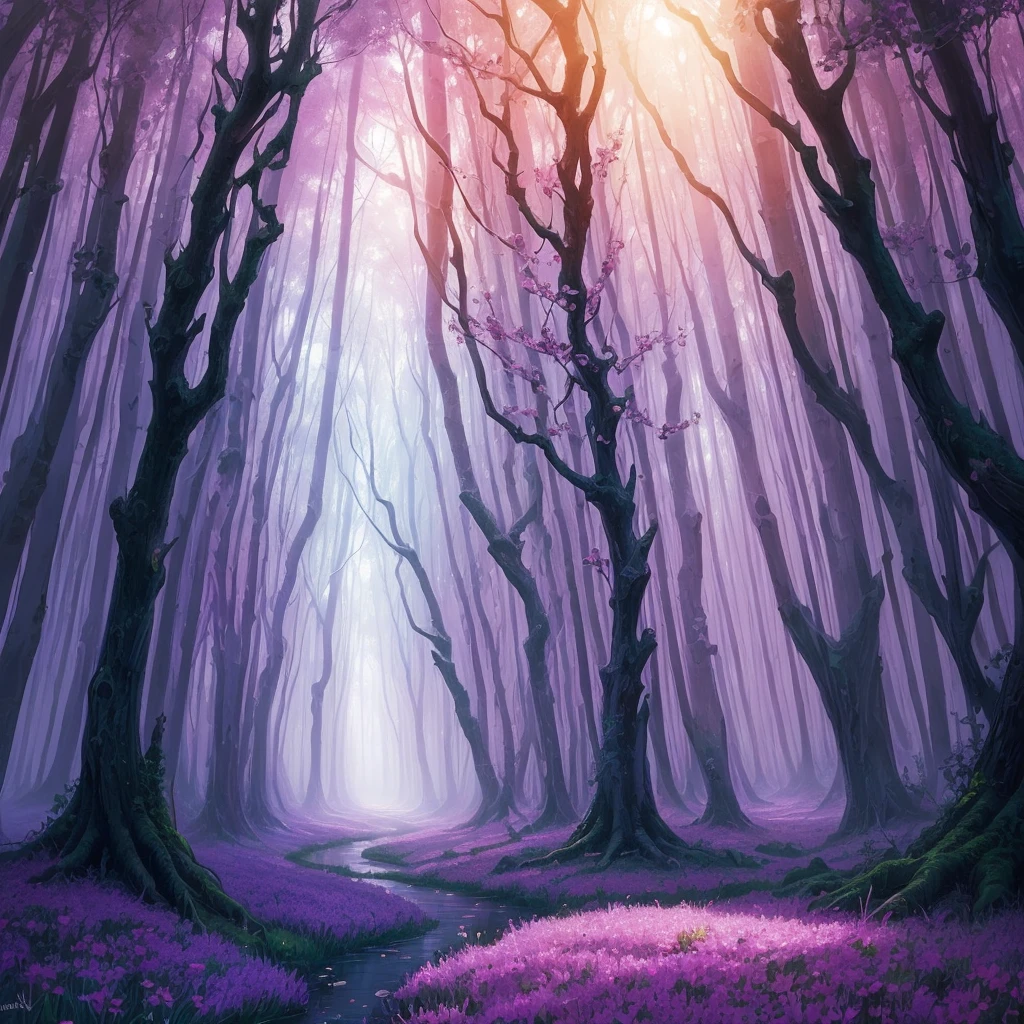 a painting of a purple forest with flowers and trees, magical fantasy forest, very magical and dreamy, magical forest in the background, magical colors and atmosphere, magical colours and atmosphere, magical forest, magic fairy forest, magical landscape, enchanted magical fantasy forest, magical environment, fantasy forest, lost in a dreamy fairy landscape, anime beautiful peace scene, mystical forest lagoon