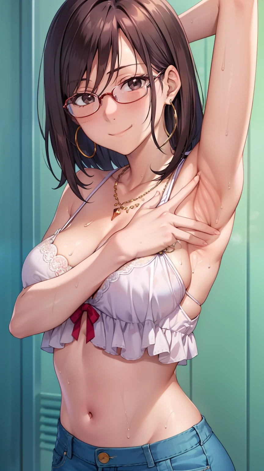 a beautiful anime girl with short dark red hair and black eyes:1.4, wearing glasses and an open bangs middle hair bangs part, with a shy smile looking at the viewer, in a realistic CG anime style. She has a perfect, busty body wearing fashionable lingerie, a short jeans, and a diamond necklace with hoop earrings. The image is in a bright color palette with a dynamic angle, high quality, ultra-detailed, photorealistic, with depth of field and fine textures. It also features super detailed, sweaty armpits in a close-up view.