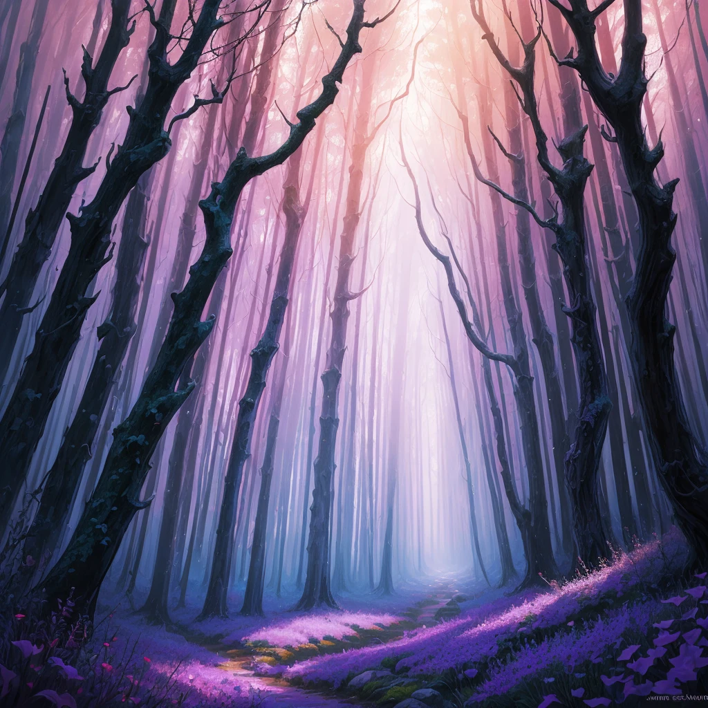 a painting of a purple forest with flowers and trees, a detailed painting by Jane Small, trending on cgsociety, fantasy art, magical fantasy forest, very magical and dreamy, magical forest in the background, magical colors and atmosphere, magical colours and atmosphere, magical forest, magic fairy forest, magical landscape, enchanted magical fantasy forest, magical environment, fantasy forest
