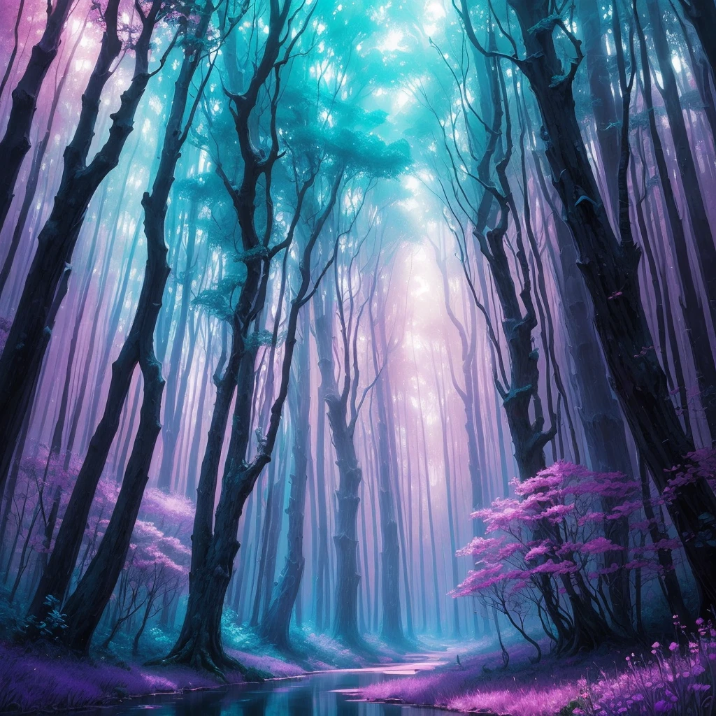 a painting of a purple forest with flowers and trees, magical fantasy forest, very magical and dreamy, magical forest in the background, magical colors and atmosphere, magical colours and atmosphere, magical forest, magic fairy forest, magical landscape, enchanted magical fantasy forest, magical environment, fantasy forest, lost in a dreamy fairy landscape, anime beautiful peace scene, mystical forest lagoon