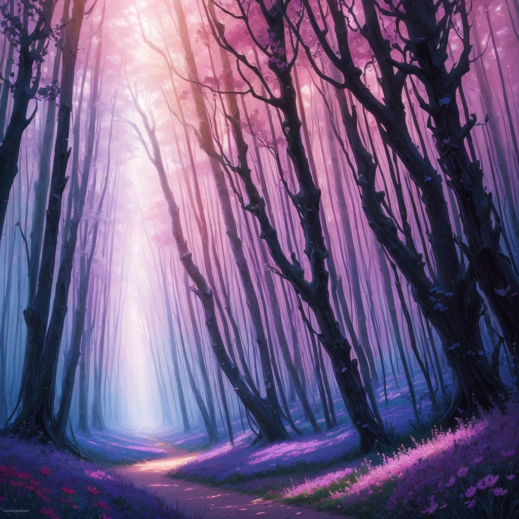 a painting of a purple forest with flowers and trees, magical fantasy forest, very magical and dreamy, magical forest in the background, magical colors and atmosphere, magical colours and atmosphere, magical forest, magic fairy forest, magical landscape, enchanted magical fantasy forest, magical environment, fantasy forest, lost in a dreamy fairy landscape, anime beautiful peace scene, mystical forest lagoon