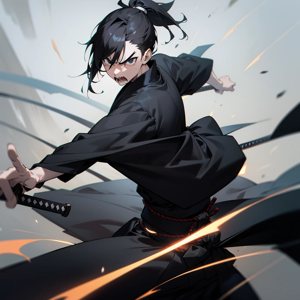 HOMEM MASCULINO, black short ponytail hair, black eyes, black kimono, black katana, angry expression, battle pose, slightly muscular body