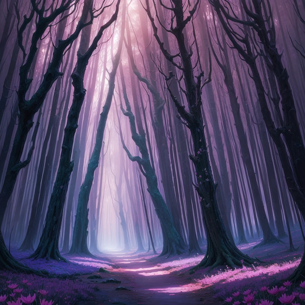 a painting of a purple forest with flowers and trees, magical fantasy forest, very magical and dreamy, magical forest in the background, magical colors and atmosphere, magical colours and atmosphere, magical forest, magic fairy forest, magical landscape, enchanted magical fantasy forest, magical environment, fantasy forest, lost in a dreamy fairy landscape, anime beautiful peace scene, mystical forest lagoon