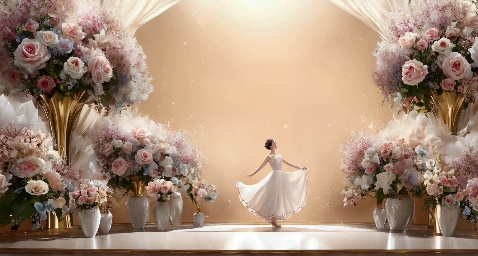 (masterpiece, Top quality, Top quality, Official Art, Beautiful and generous: 1.2), A banner image,Poster background board;This is a light gold poster.;Uniform color tone;Various large flowers,Crystal clear flowers(Bottom of the screen);Large area of white space;Variety show opening credits,visual impact。Main poster。8k,Dance class。,Colorful, Best details,Uniform hue,Large area of white space;