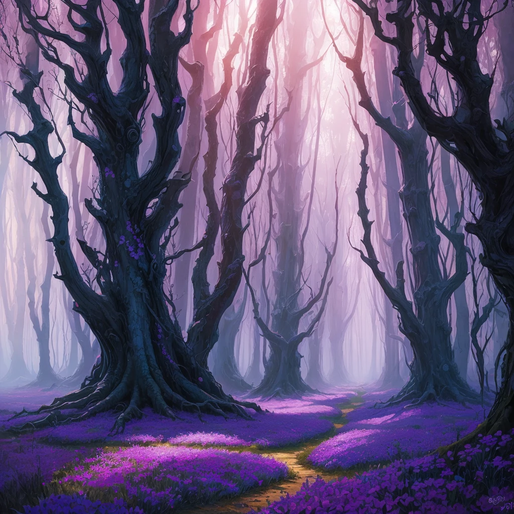 a painting of a purple forest with flowers and trees, a detailed painting by Jane Small, trending on cgsociety, fantasy art, magical fantasy forest, very magical and dreamy, magical forest in the background, magical colors and atmosphere, magical colours and atmosphere, magical forest, magic fairy forest, magical landscape, enchanted magical fantasy forest, magical environment, fantasy forest