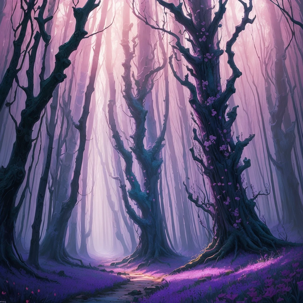 a painting of a purple forest with flowers and trees, a detailed painting by Jane Small, trending on cgsociety, fantasy art, magical fantasy forest, very magical and dreamy, magical forest in the background, magical colors and atmosphere, magical colours and atmosphere, magical forest, magic fairy forest, magical landscape, enchanted magical fantasy forest, magical environment, fantasy forest
