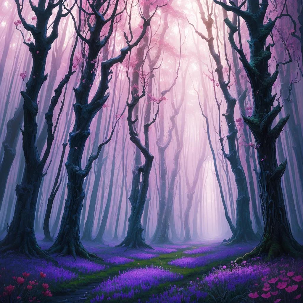 a painting of a purple forest with flowers and trees, a detailed painting by Jane Small, trending on cgsociety, fantasy art, magical fantasy forest, very magical and dreamy, magical forest in the background, magical colors and atmosphere, magical colours and atmosphere, magical forest, magic fairy forest, magical landscape, enchanted magical fantasy forest, magical environment, fantasy forest