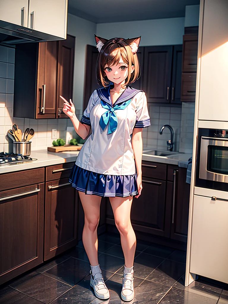 Highest quality,Highest Resolution,A beautiful smiling girl in a sailor suit,Brown hair short bob,Cat ear,kitchen,Bright lighting,Standing posture,(((Show off your outfit))),whole body,