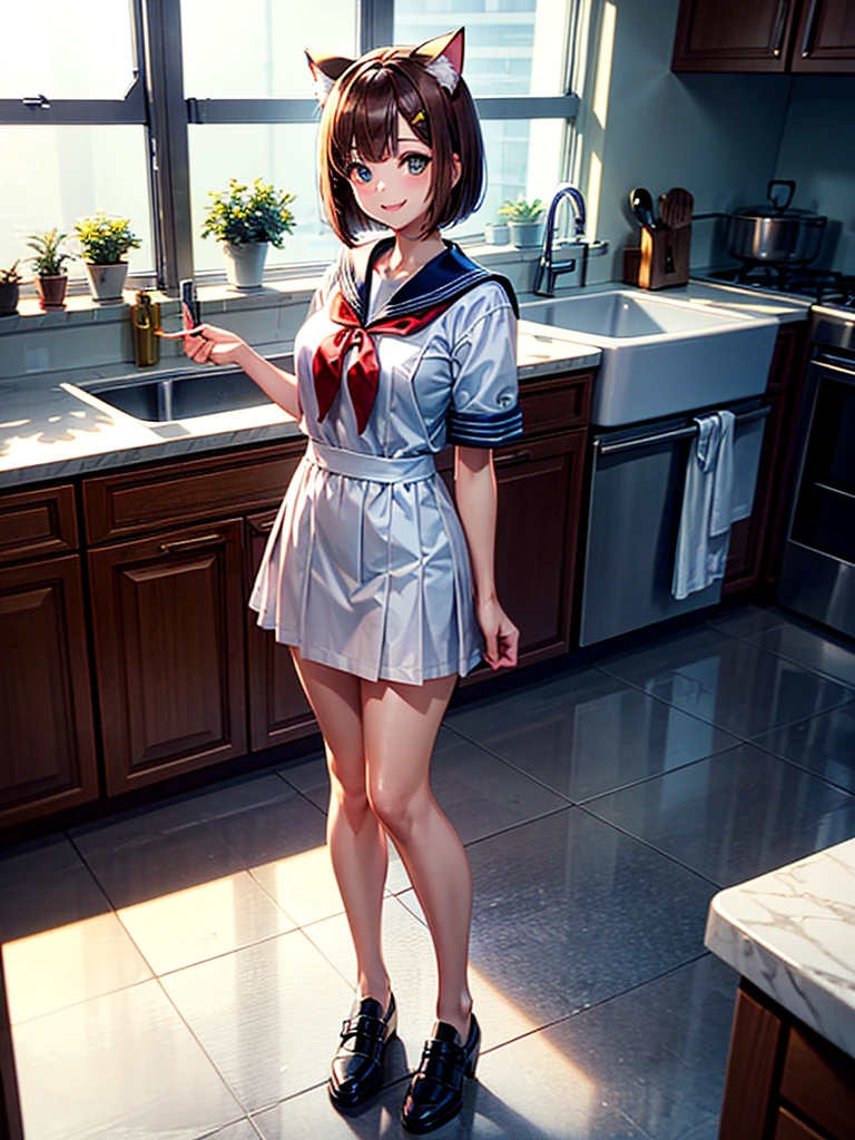 Highest quality,Highest Resolution,A beautiful smiling girl in a sailor suit,Brown hair short bob,Cat ear,kitchen,Bright lighting,Standing posture,(((Show off your outfit))),whole body,