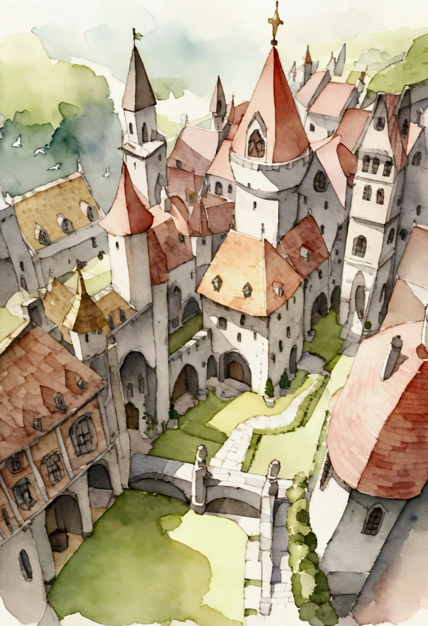 Bird&#39;s-eye view　Aerial view of the medieval city　Peaceful and beautiful townscape　Fantasy　Picture books　watercolor