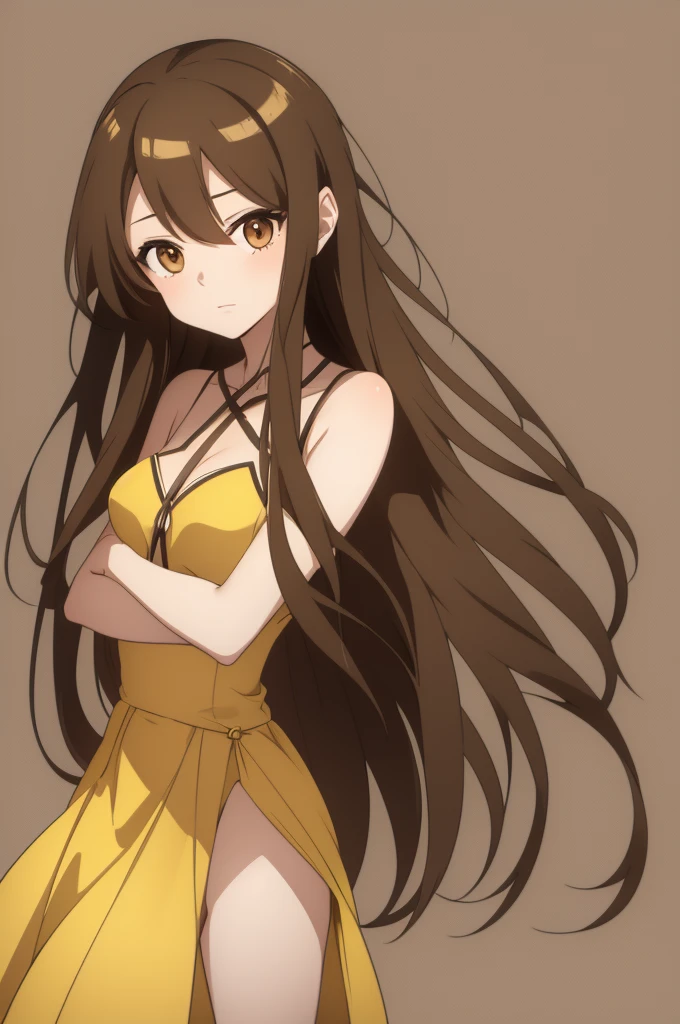 Draw a drawing of a girl with these characteristics 1.70 meters, with long straight brown hair, softer brown eyes, more feminine facial features and wearing a yellow dress, anime version
