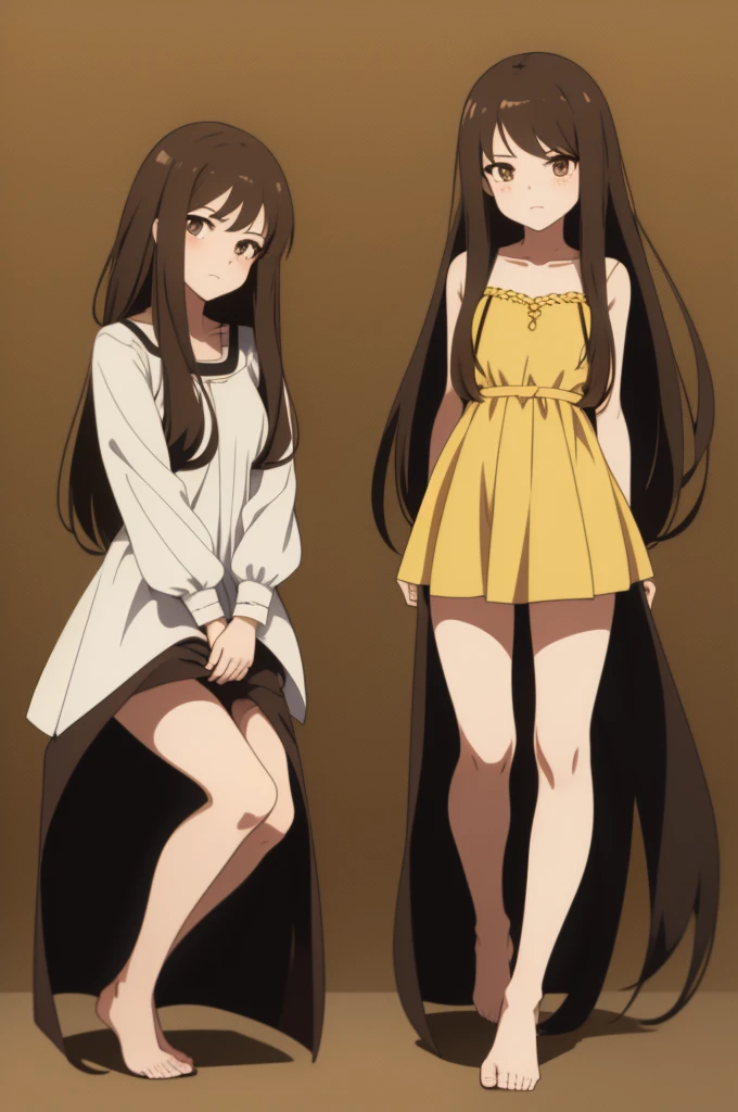 Draw a drawing of a girl with these characteristics 1.70 meters, with long straight brown hair, softer brown eyes, more feminine facial features and wearing a yellow dress, anime version