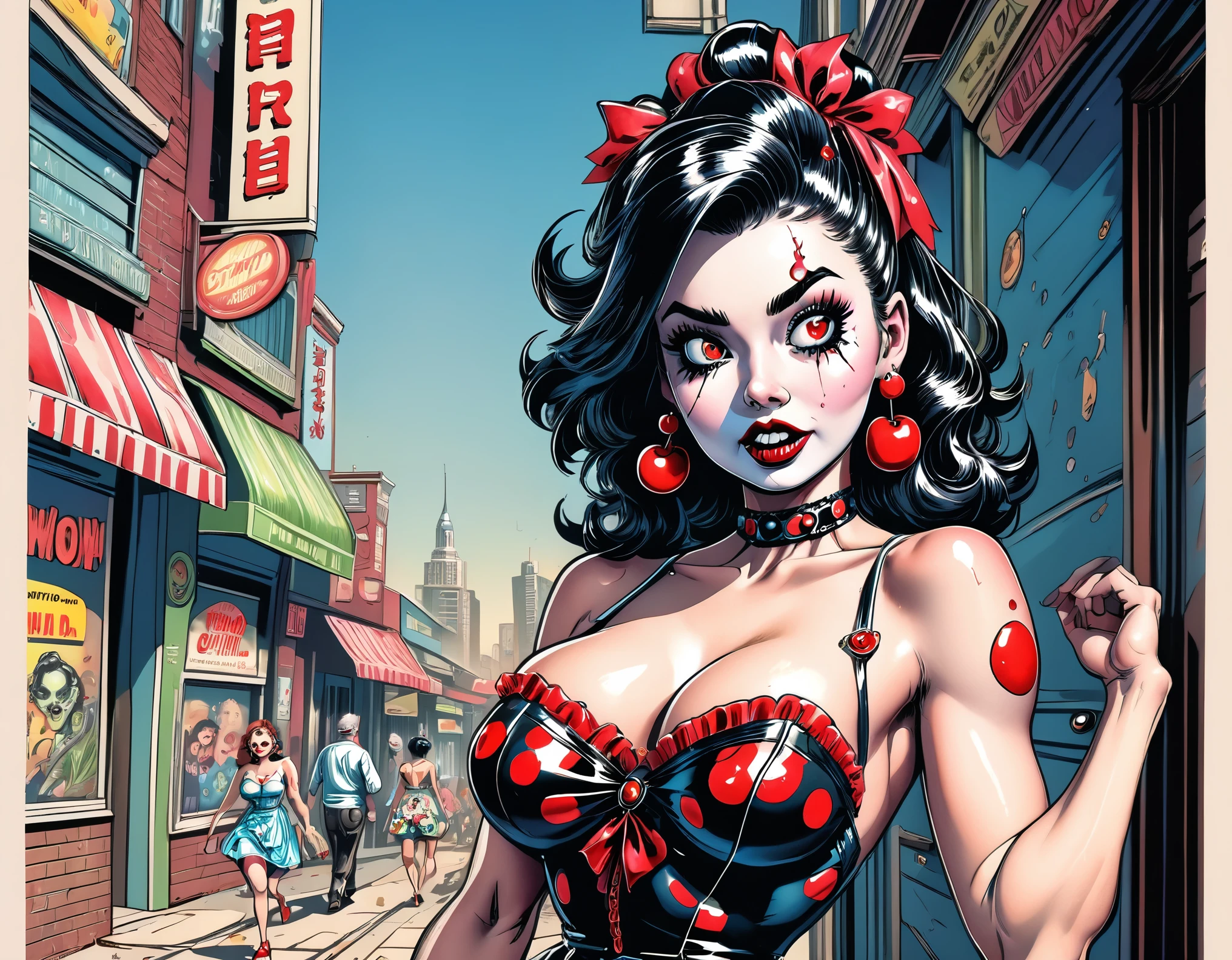 An ultra meticulously detailed retro comic, pop art style, exaggerated Ben-Day dots, colored pencil, hand drawn illustration portraying a portrait by Clyde Caldwell and Gil Elvgren of a gorgeous retro pin up, undead zombie girl in a short and cute retro cherry print sundress and cherry dangle earrings. Skin rotting and falling off of the face, showing jawbone on the side where cheek-flesh used to be. Sunny cityscape background. Retro horror comic book art, perfect, smooth