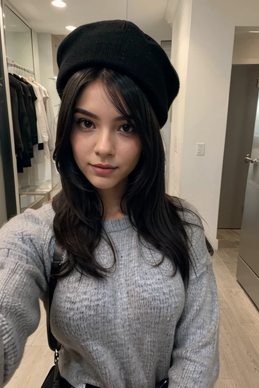 Sexy girl with long black hair taking a selfie, with a gray sweater and a black hat