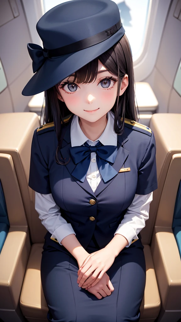 Illustration of a flight attendant with long hair, big eyes, and a friendly smile. Flight attendants wear dark blue uniforms with white accents, Includes a white shirt and a bow tie. Gold buttons on,The flight attendant wore a matching navy blue hat,It has gold details on it. The background should be the interior of the aircraft cabin, Visible seats, Windows, Overhead luggage compartment, Suggests that the waiter is in a working environment.