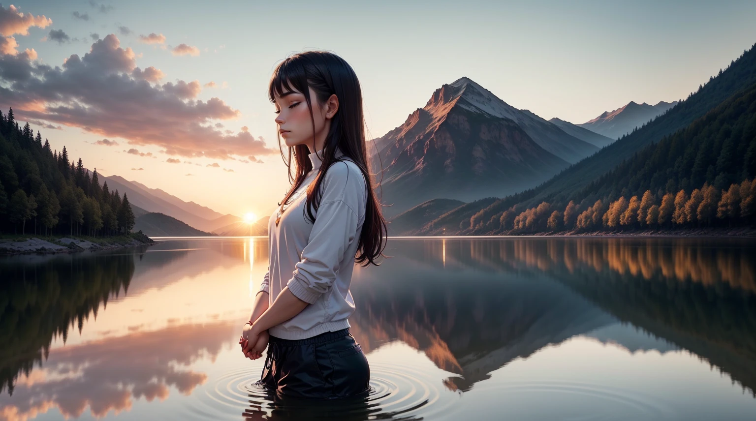 A breathtaking scene with a spectacular sunset over a calm lake surrounded by majestic mountains. En el centro de la imagen, a person stands with hands folded in prayer and eyes closed in deep meditation. Just above them, An artistic representation of God, surrounded by a divine aura of light, look with compassion at the person meditating. A luz dourada do sol poente banha a paisagem, creating a peaceful and spiritual atmosphere