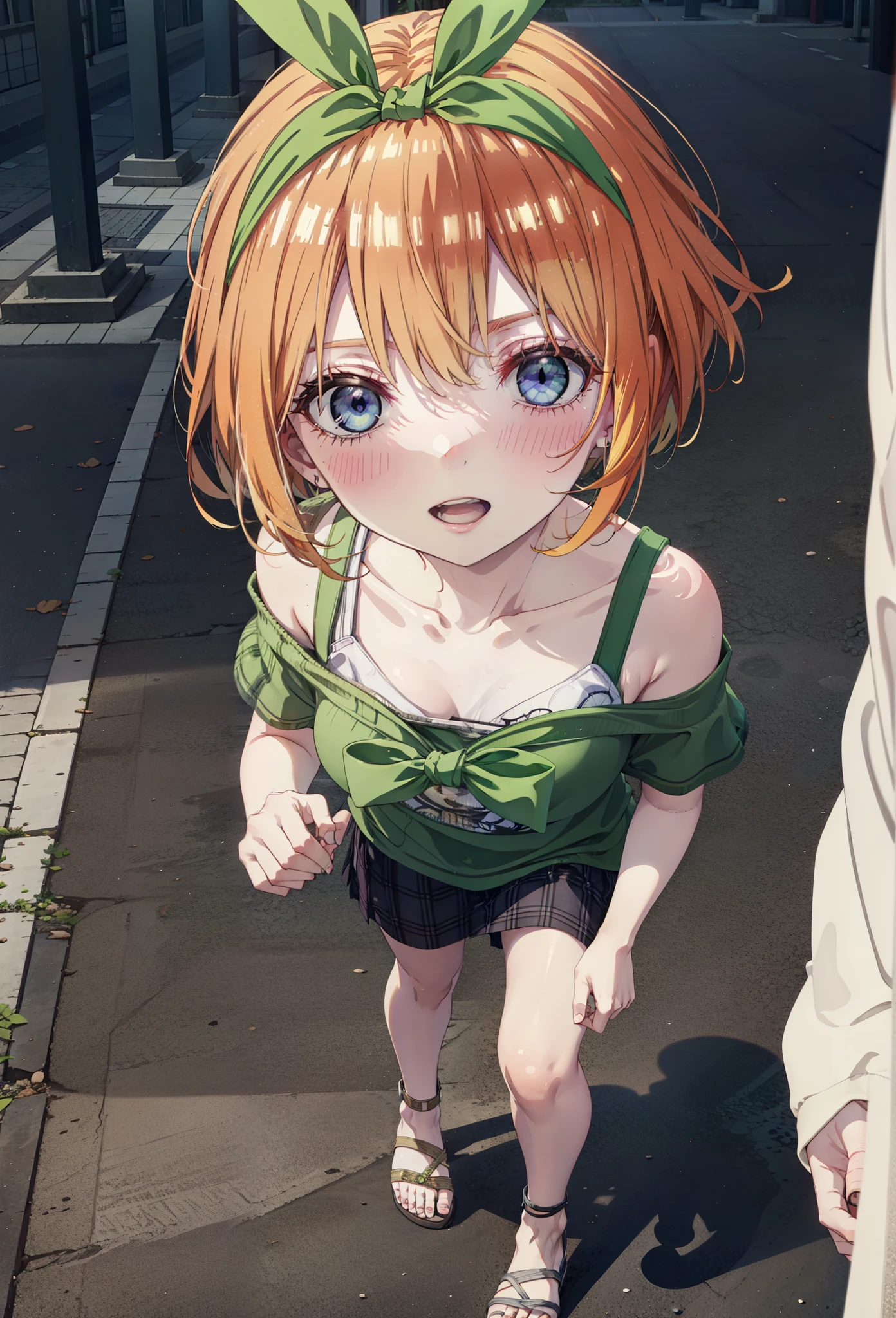 Yotsubanakano, Fourth floor Nakano, bangs, short hair, blue eyes, Hair between the eyes, hair ribbon, hair band, Orange Hair, (Green ribbon:1.5), smile, Open your mouth,blush,Cold Shoulder Shirt,Short sleeve,mini skirt,Heeled Sandals,Walking,True Summer,Clear skies,Daytime,Palm tree,whole bodyがイラストに入るように,
break outdoors, tropical,Tropical,Shopping Street,Shopping mall,
break looking at viewer,whole body,
break (masterpiece:1.2), Highest quality, High resolution, unity 8k wallpaper, (figure:0.8), (Beautiful attention to detail:1.6), Highly detailed face, Perfect lighting, Highly detailed CG, (Perfect hands, Perfect Anatomy),