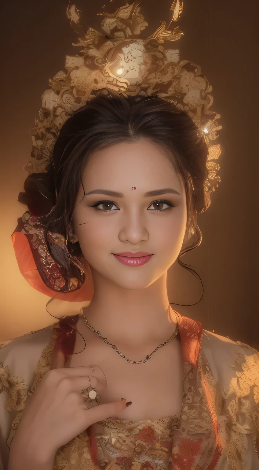 Masterpiece, Best Quality, 3D Rip Artwork, 3DMM Style, Close-up, Portrait, Realism, a woman beautifully makeup, eyeshadow, Parted Lips, Challenge Eye, beautiful big eyes, long eye lashes, wearing ((red and black satin headscarf)), (( satin shirt)), ((batik satin long maxi skirt)), strolling on a trail in the spring, garden, river