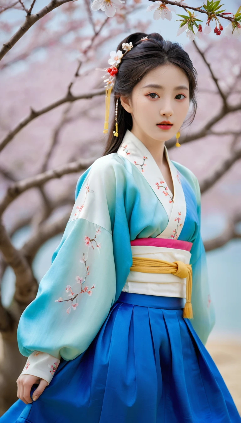 Front view, facing the camera, Korean natic onal costume,
no pattern, thick texture, bright blue skirt, silk texture, beautiful girl,
seaside, cherry blossoms.bright colors. pral irie. vasation badcore,
analysis film, ultra-detailed. interior, surre l, reality, best quality, film lighting. highest quality. ultra-detailed, superb Masterpiece.(Facial Details), Eyes with Light, First Love, Art Photography, Ultimate lmage Quality, Super Resolution,Portrait Photography,
Professional Lighting --ar 2:3 --v 6.0