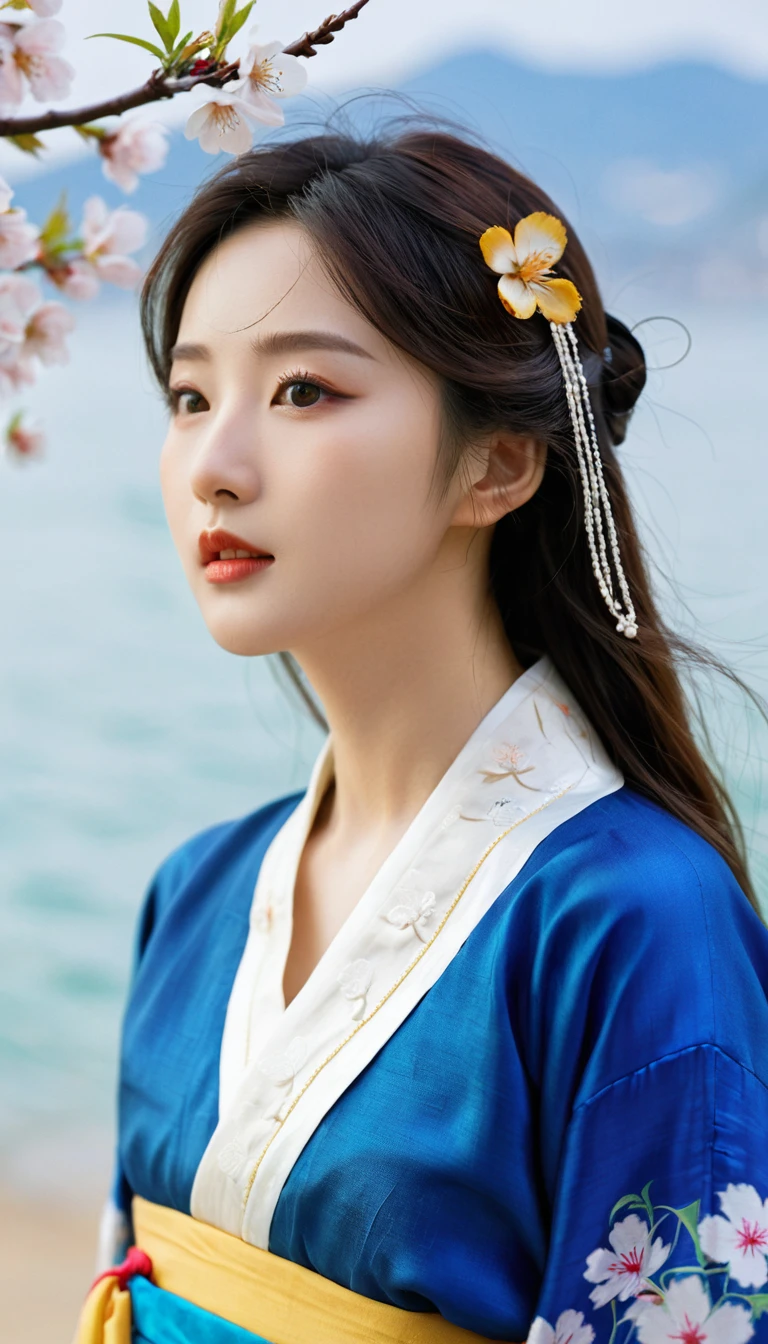 Front view, facing the camera, Korean natic onal costume,
no pattern, thick texture, bright blue skirt, silk texture, beautiful girl,
seaside, cherry blossoms.bright colors. pral irie. vasation badcore,
analysis film, ultra-detailed. interior, surre l, reality, best quality, film lighting. highest quality. ultra-detailed, superb Masterpiece.(Facial Details), Eyes with Light, First Love, Art Photography, Ultimate lmage Quality, Super Resolution,Portrait Photography,
Professional Lighting --ar 2:3 --v 6.0