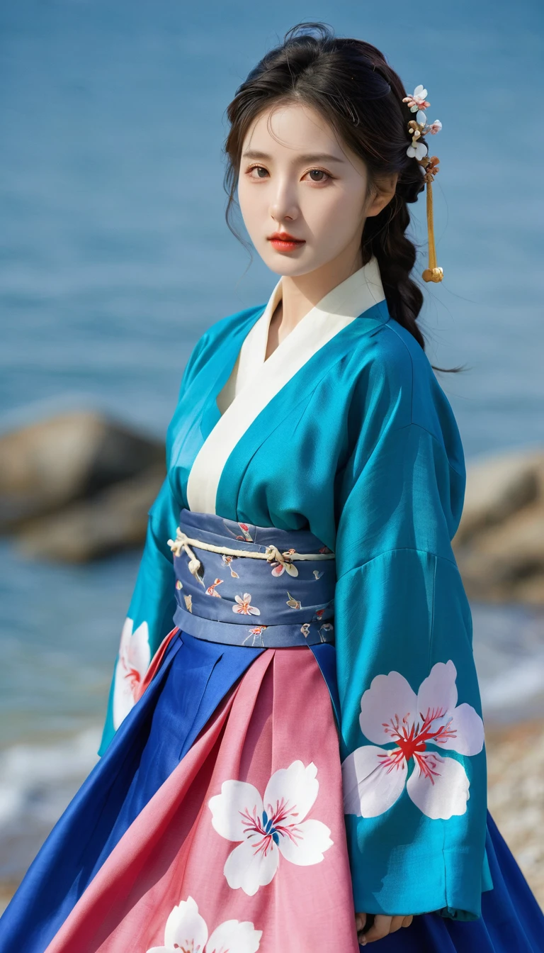 Front view, facing the camera, Korean natic onal costume,
no pattern, thick texture, bright blue skirt, silk texture, beautiful girl,
seaside, cherry blossoms.bright colors. pral	irie.	vasation badcore,	
analysis film, ultra-detailed. interior, surre l, reality, best quality, film lighting. highest quality. ultra-detailed, superb Masterpiece.(Facial Details), Eyes with Light, First Love, Art Photography, Ultimate lmage Quality, Super Resolution,Portrait Photography,
Professional Lighting	--ar 2:3	--v 6.0