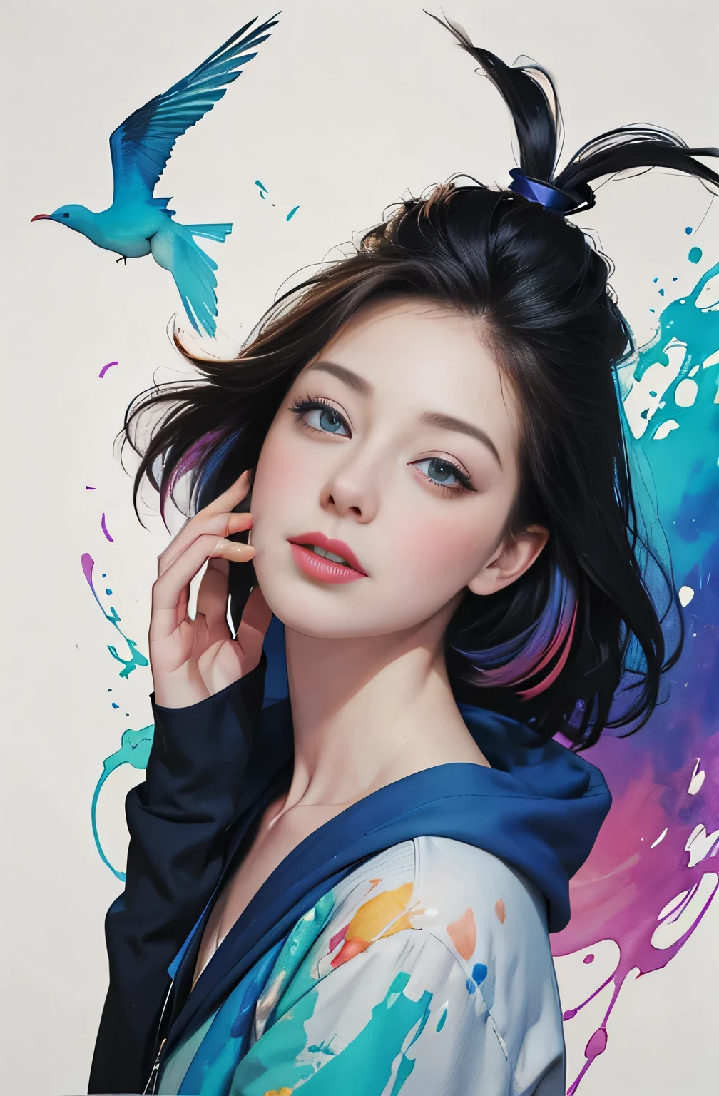 painting of woman, tumbler, figurative art, Intense watercolor painting, watercolor detailed art, Watercolor Splash, surreal, Avant-garde pop art, Beautiful and expressive paintings, Beautiful artwork illustration, very colorful tones, wonderful, cool beauty, birdland lullaby, highest quality, official art, women only, sharp outline, best shot, vector art, Written by Sandra Chevrier, Dave McKean、by Richard Avedon、Written by Makiezi Kusiala, luminous designAvant-garde pop art,facing forward