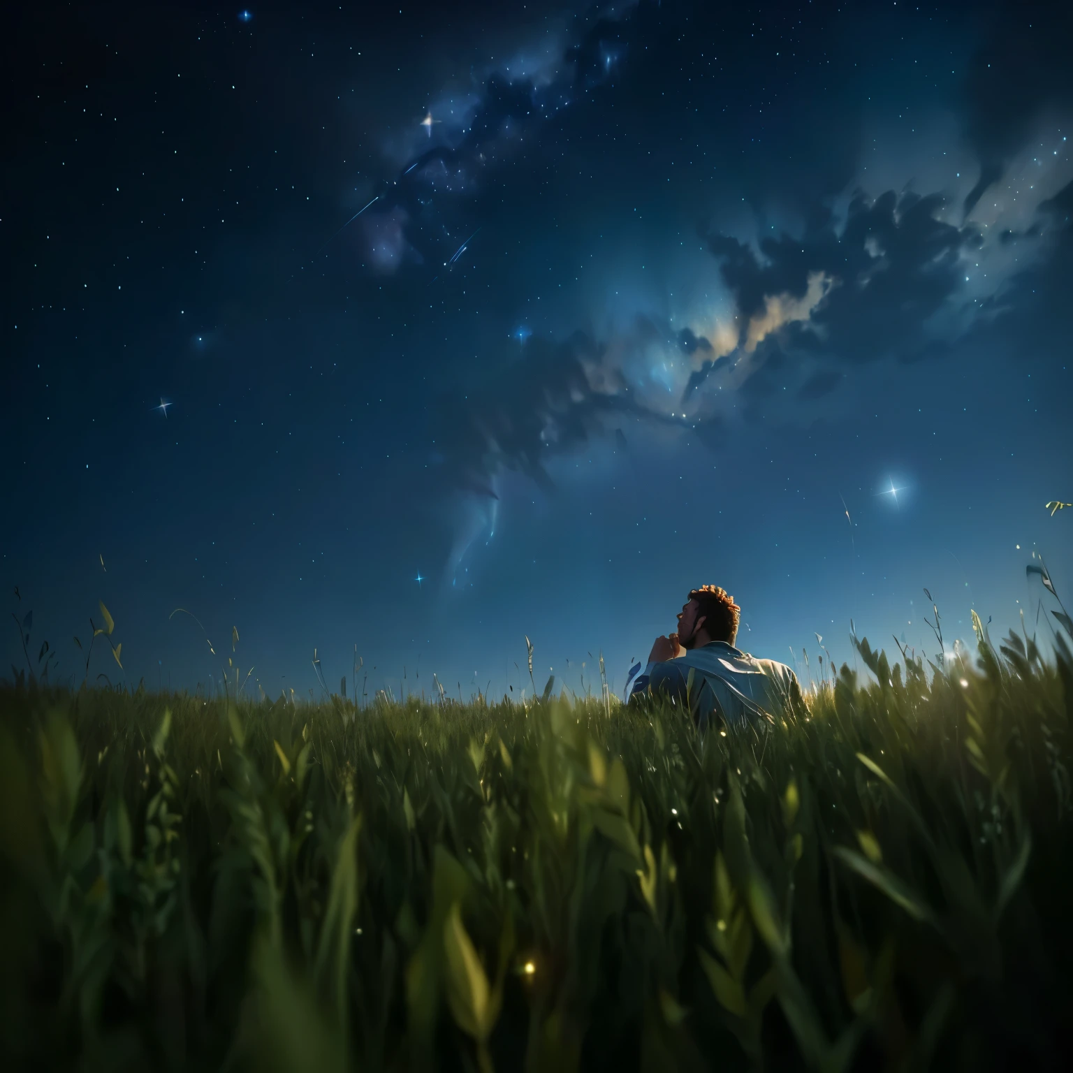 arafed man sitting in a field looking up at the stars, watching the stars at night, looking up at the stars, looking at the stars, watching the stars, night time with starry sky, looking to stars, with the sky full of stars, night covered in stars, sky strewn with stars, night under the starry sky, floating among stars
