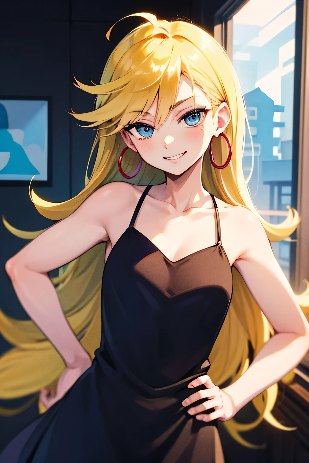 masterpiece, best quality, solo, 1 girl, psgpanty, black dress, blue eyes, long hair, blonde hair, hoop earrings, upper body, collarbone, little sleeveless black dress, parody, indoors, smile, right hand on hip, left hand on knee
